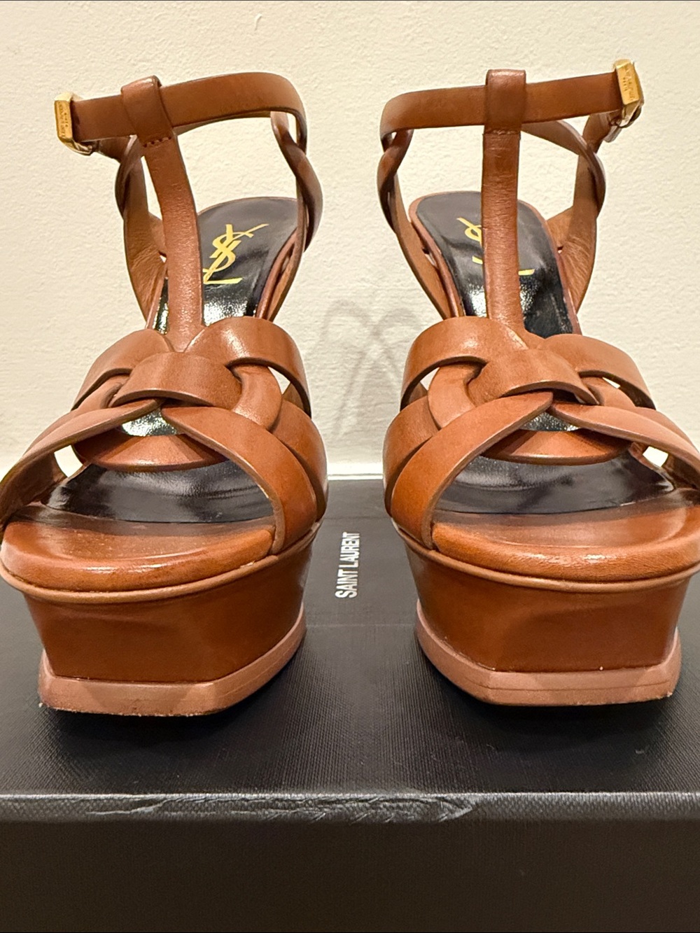 Saint Laurent Tribute 105 Camel Leather Platform Sandals Heels 37.5 Full Set - Picture 2 of 13